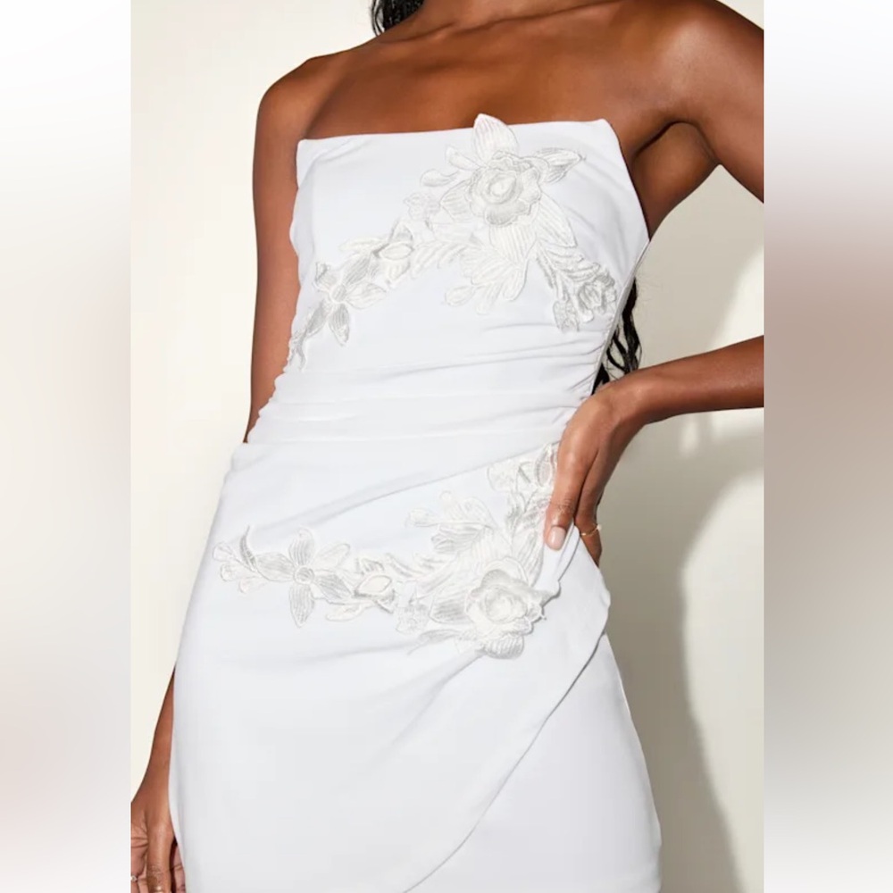 Lulu's White Strapless Dress with Floral Embroidery